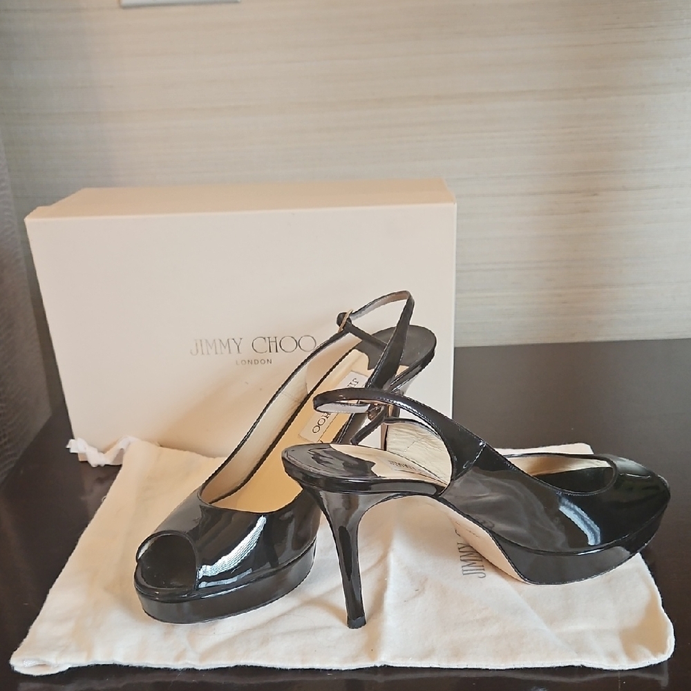 Jimmy Choo Black Patent Peep Toe Heels